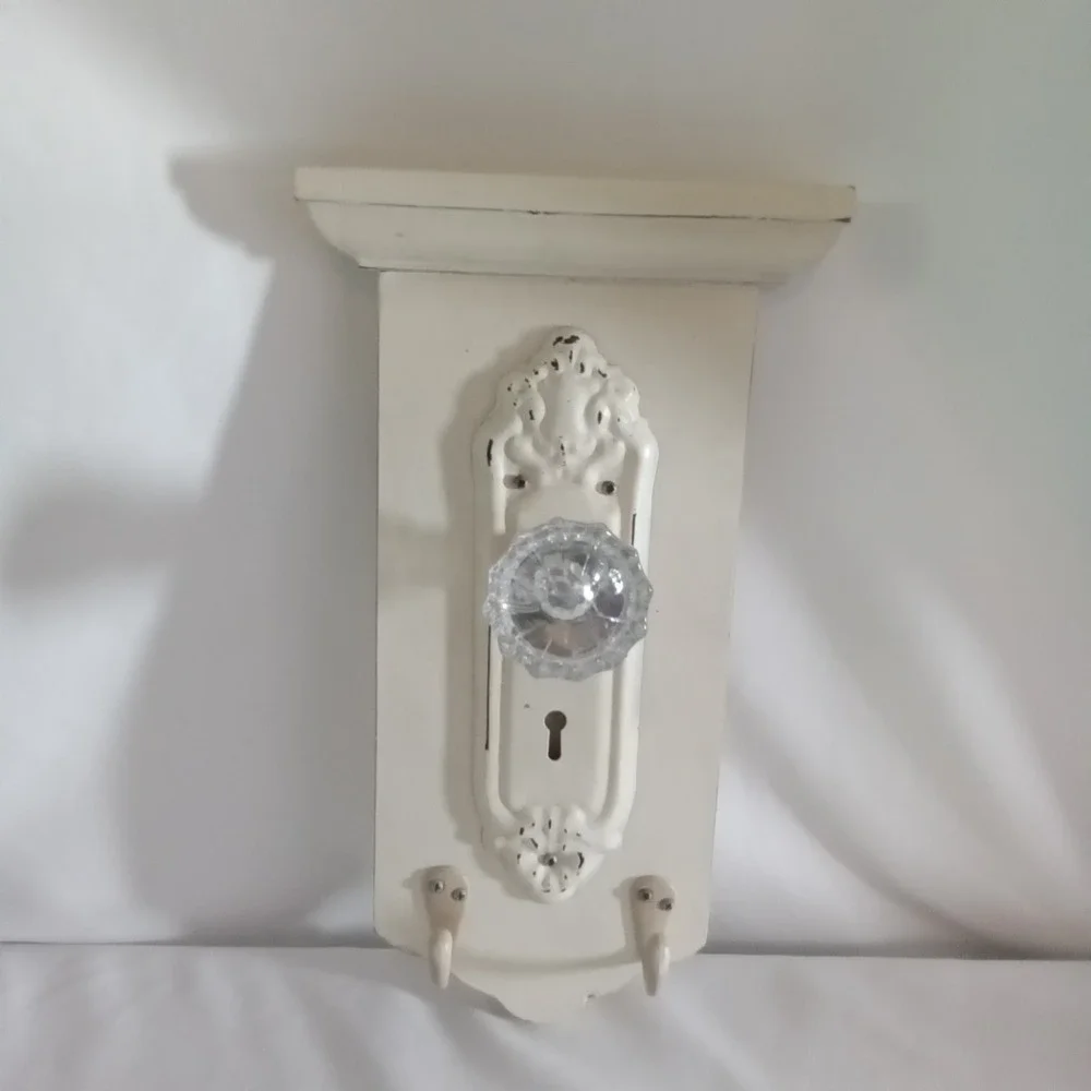 Shabby Chic Cream Wall Shelf with Glass Doorknob and Hooks Distressed Decor